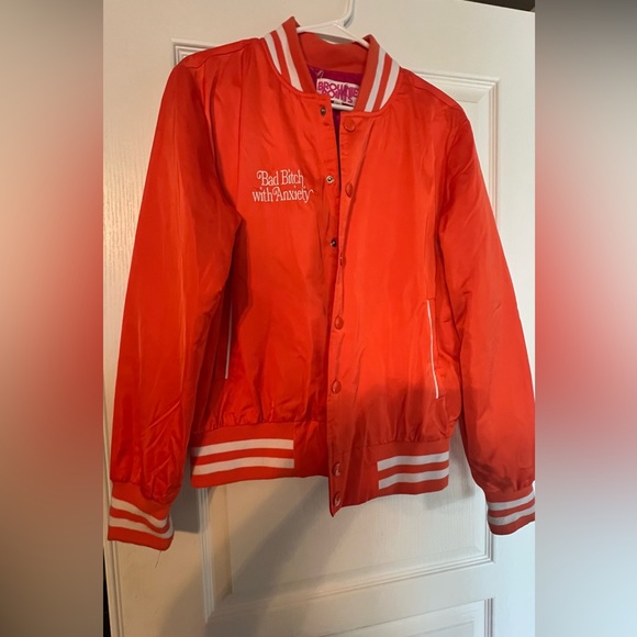 Brownie Points Bad B with Anxiety orange varsity bomber jacket size small - Picture 3 of 4